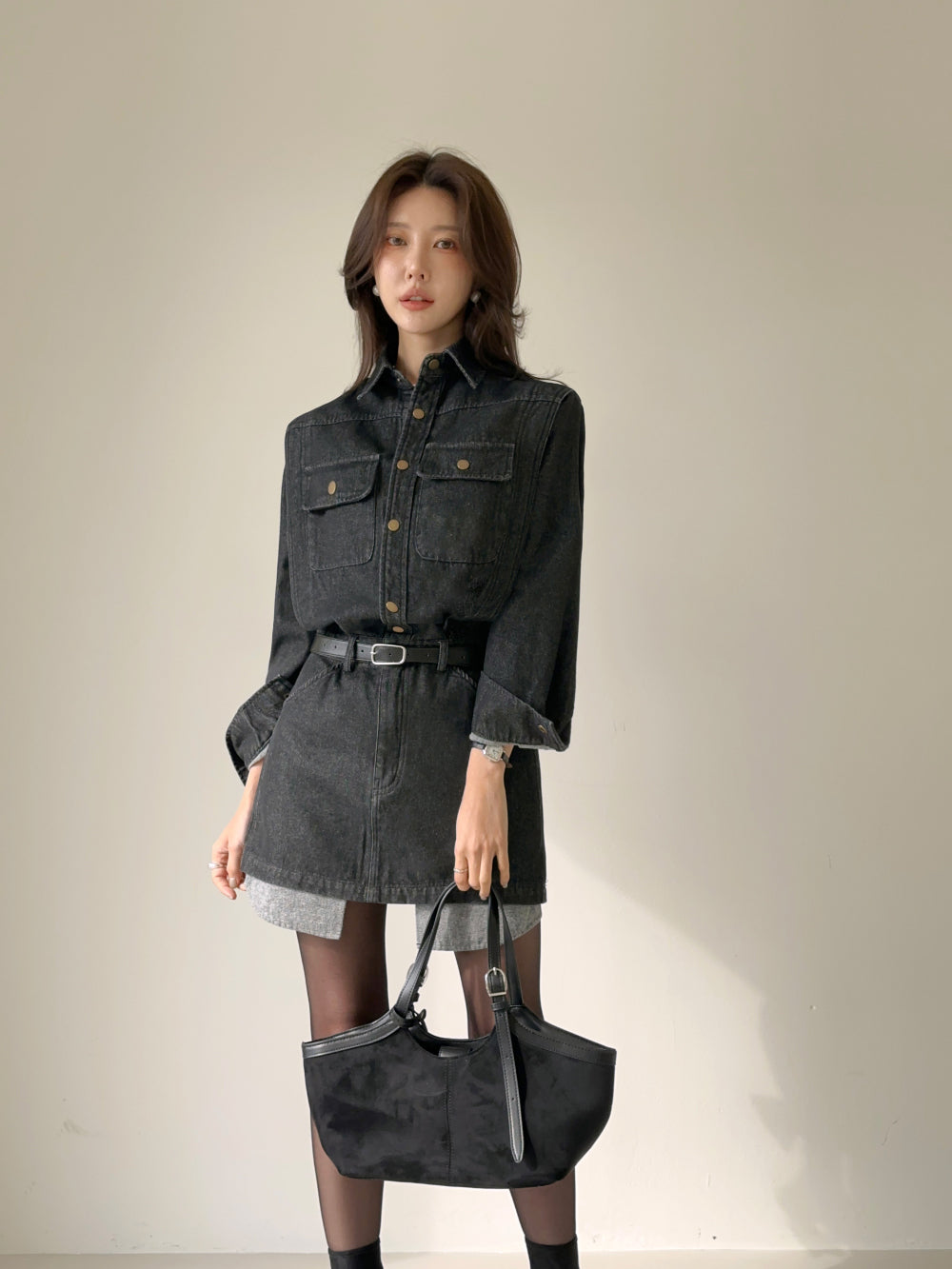 Ladies Black Denim Shirt Dress with Contrast Hem