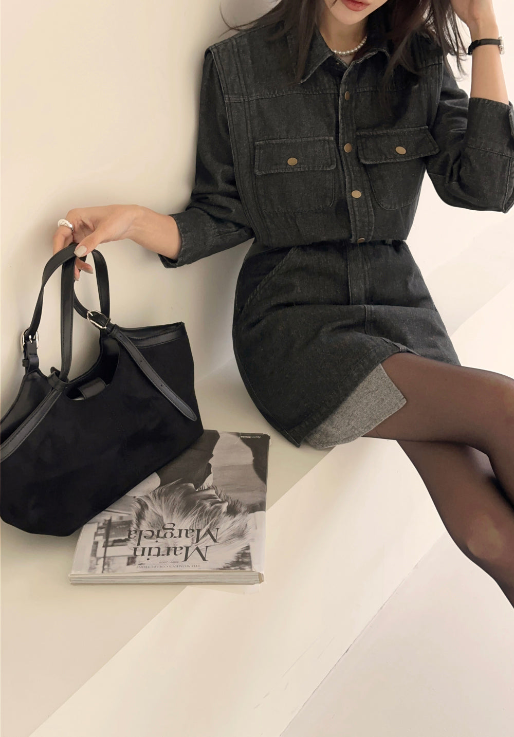 Ladies Black Denim Shirt Dress with Contrast Hem