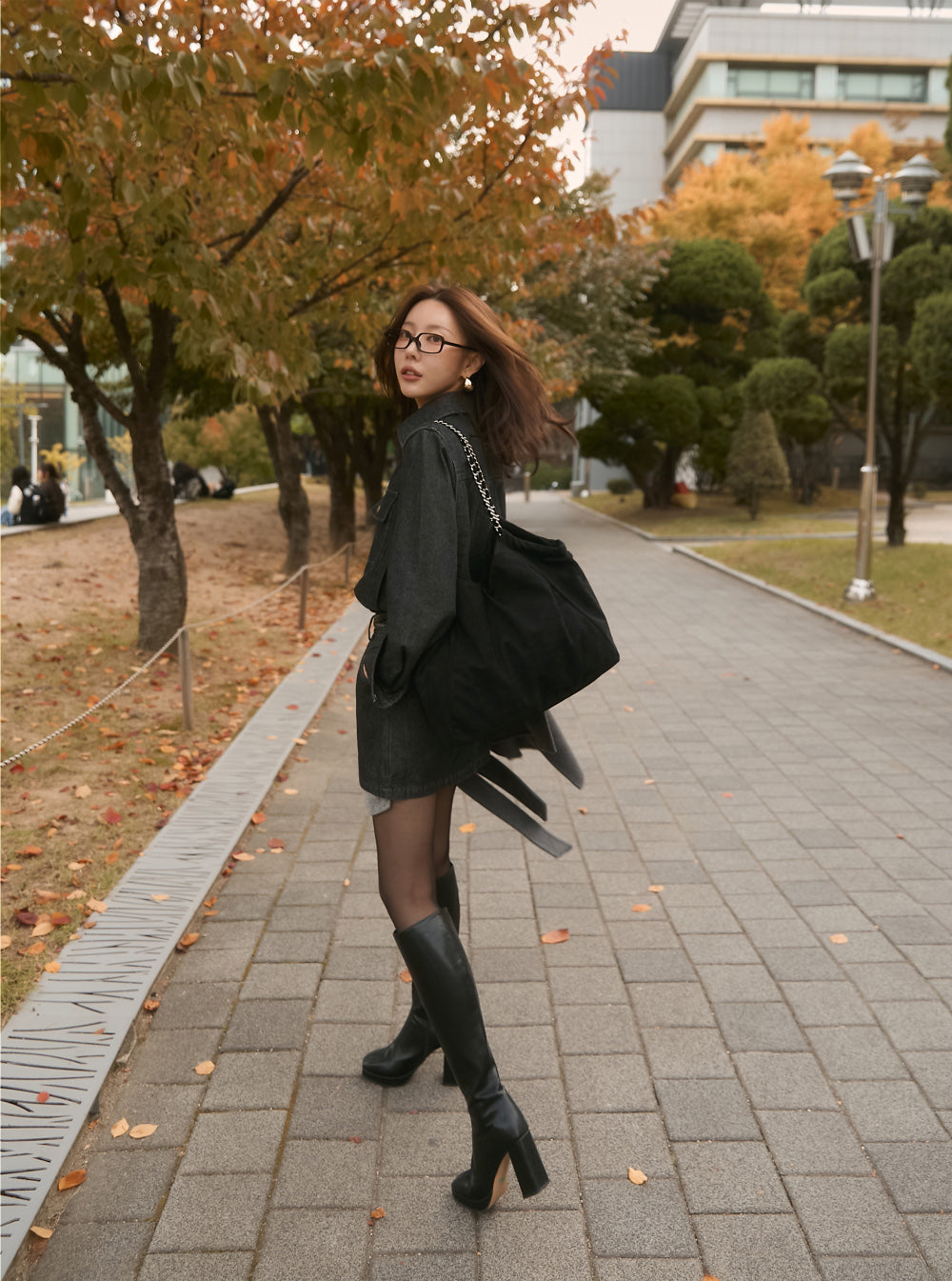 Ladies Black Denim Shirt Dress with Contrast Hem