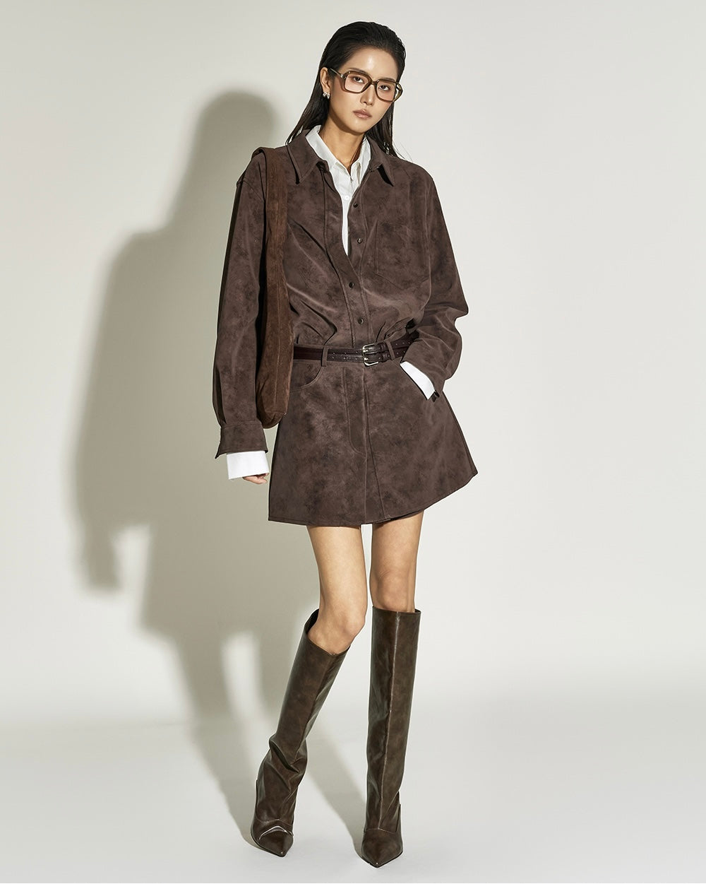 Ladies Brown Suede Minimalist Shirt Dress