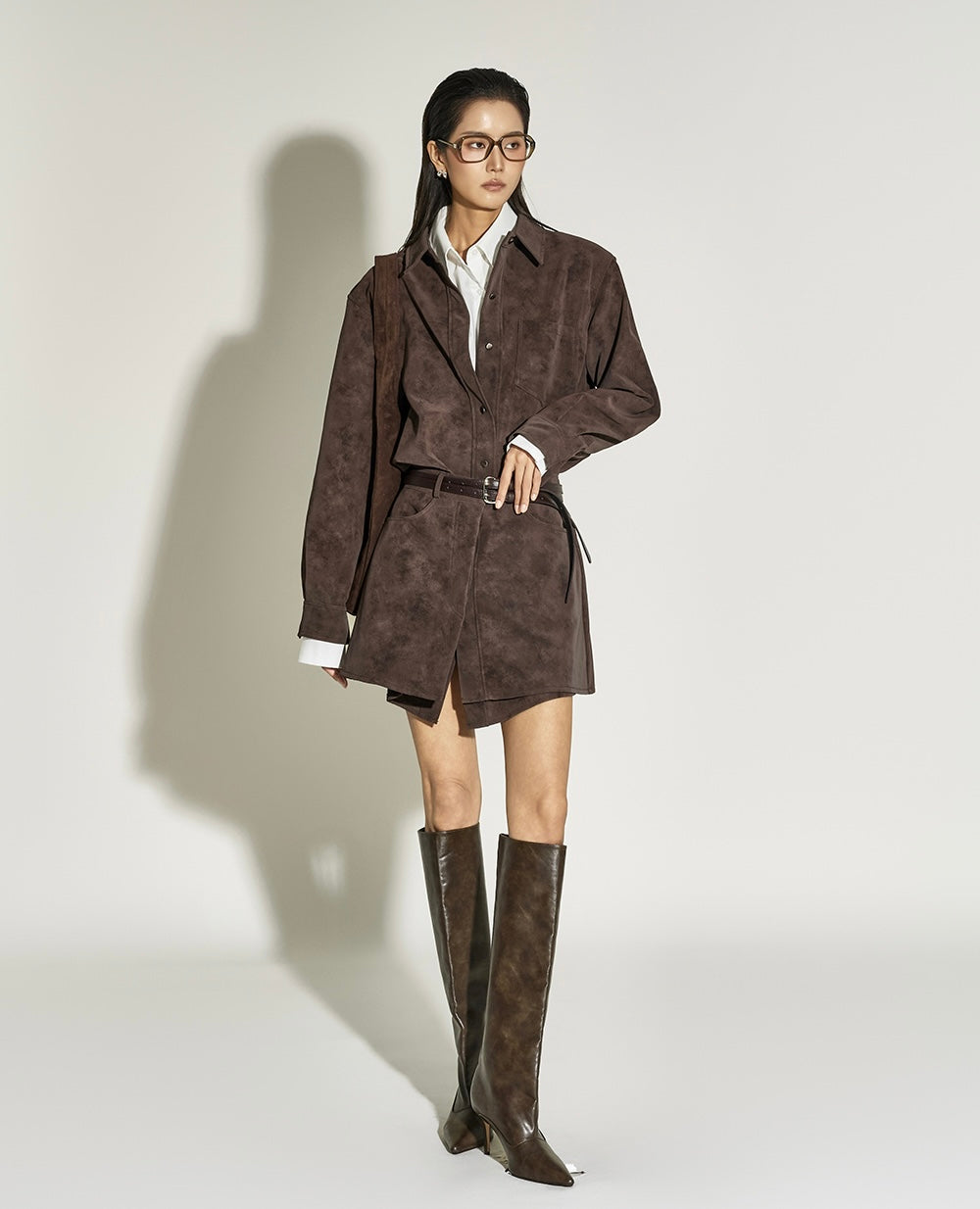 Ladies Brown Suede Minimalist Shirt Dress