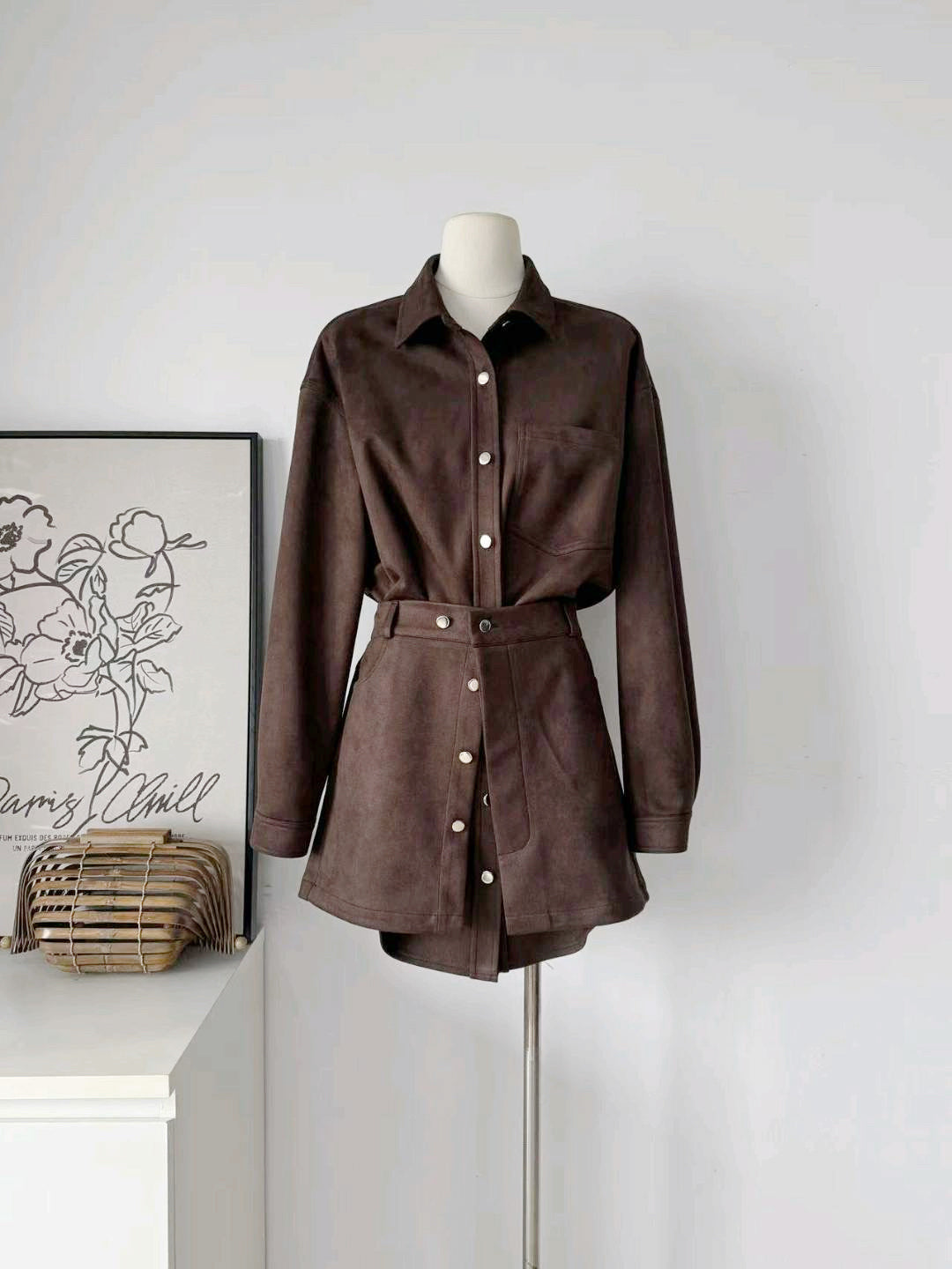 Ladies Brown Suede Minimalist Shirt Dress