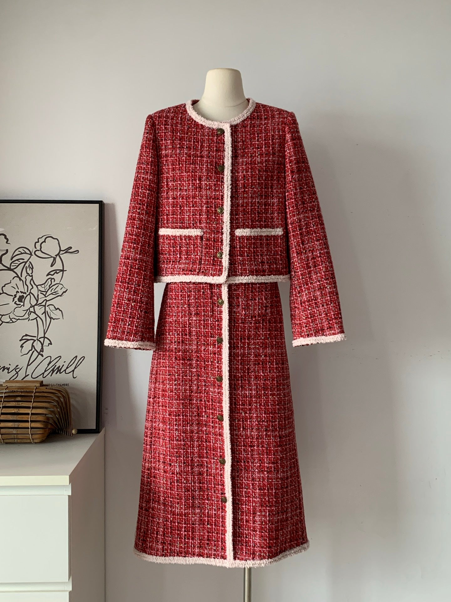 Ladies Red Tweed Chanel-Style Skirt Set