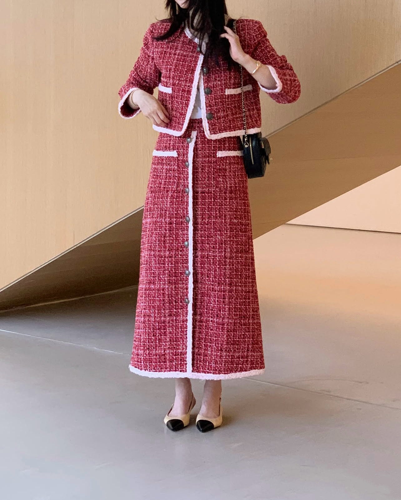 Ladies Red Tweed Chanel-Style Skirt Set