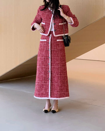Ladies Red Tweed Chanel-Style Skirt Set