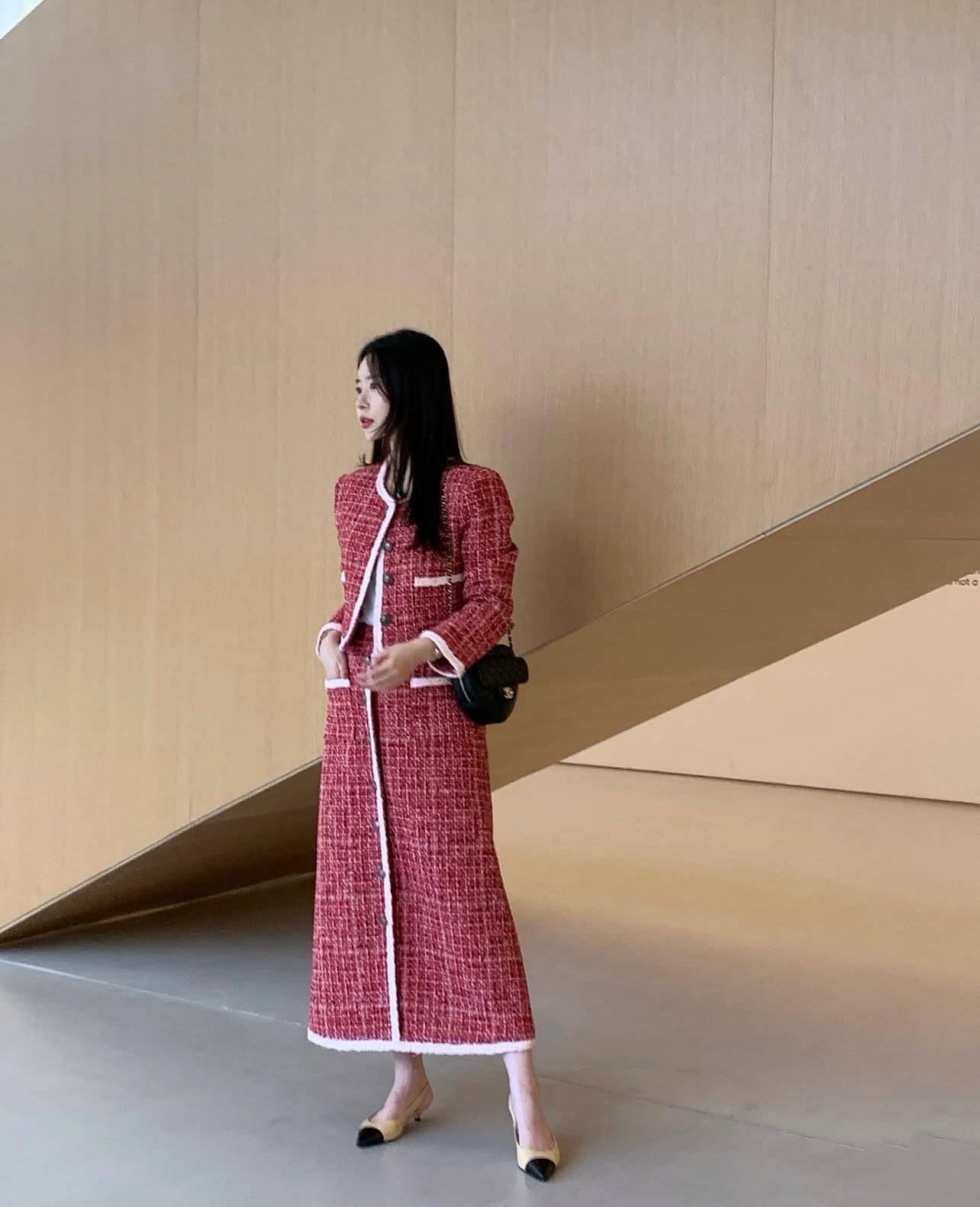 Ladies Red Tweed Chanel-Style Skirt Set