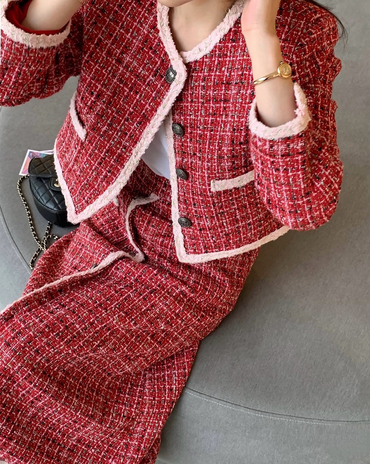 Ladies Red Tweed Chanel-Style Skirt Set