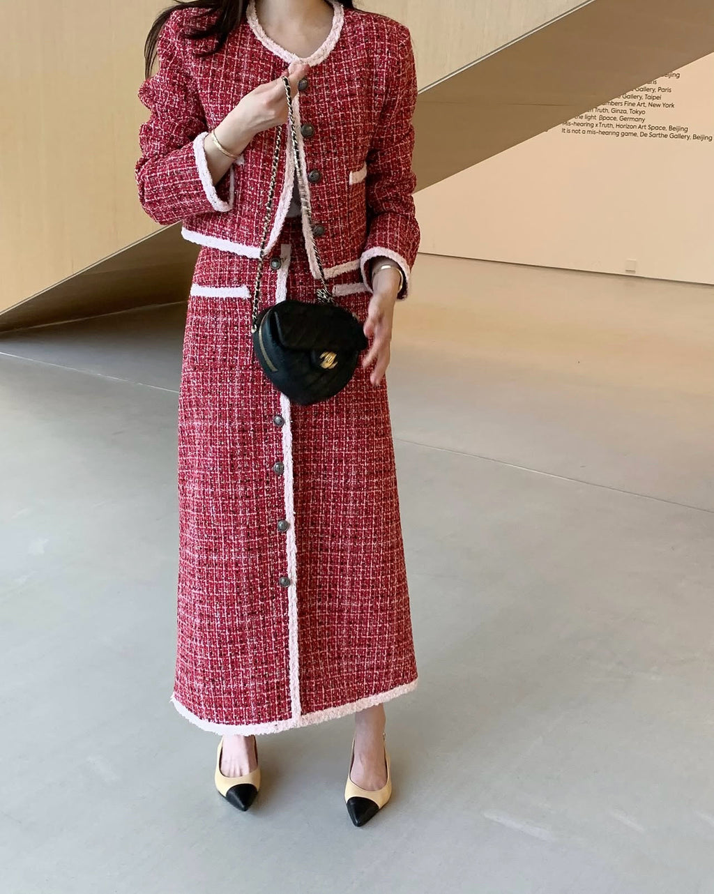 Ladies Red Tweed Chanel-Style Skirt Set