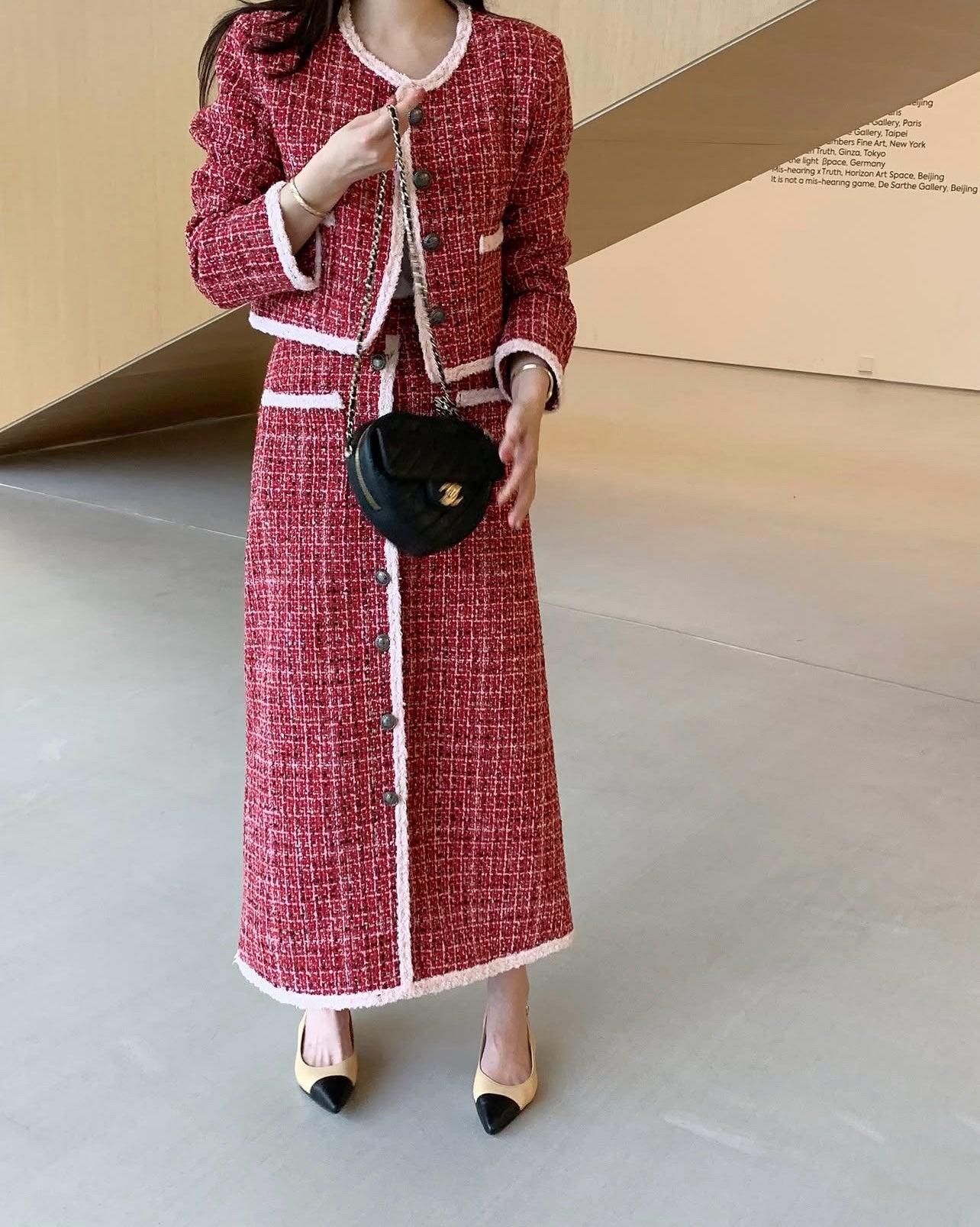 Ladies Red Tweed Chanel-Style Skirt Set