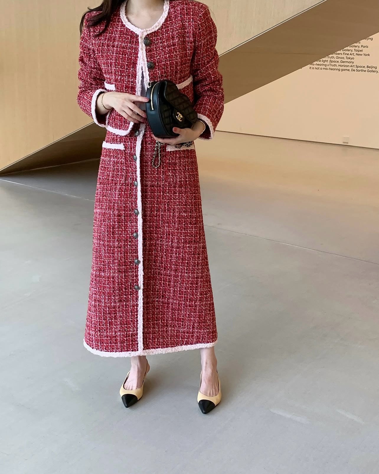 Ladies Red Tweed Chanel-Style Skirt Set