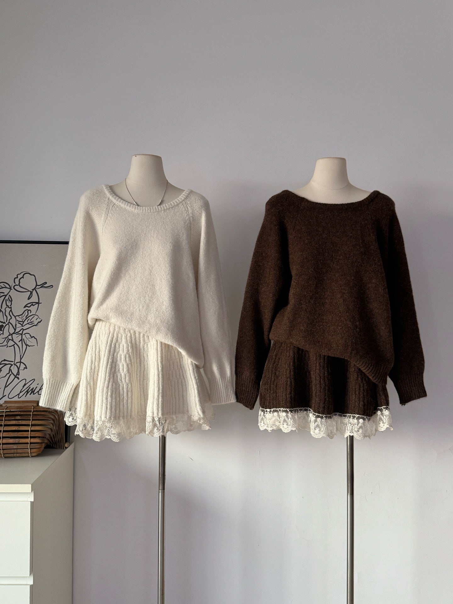 Ladies Lace Trim Knit Sweater & Skirt Set