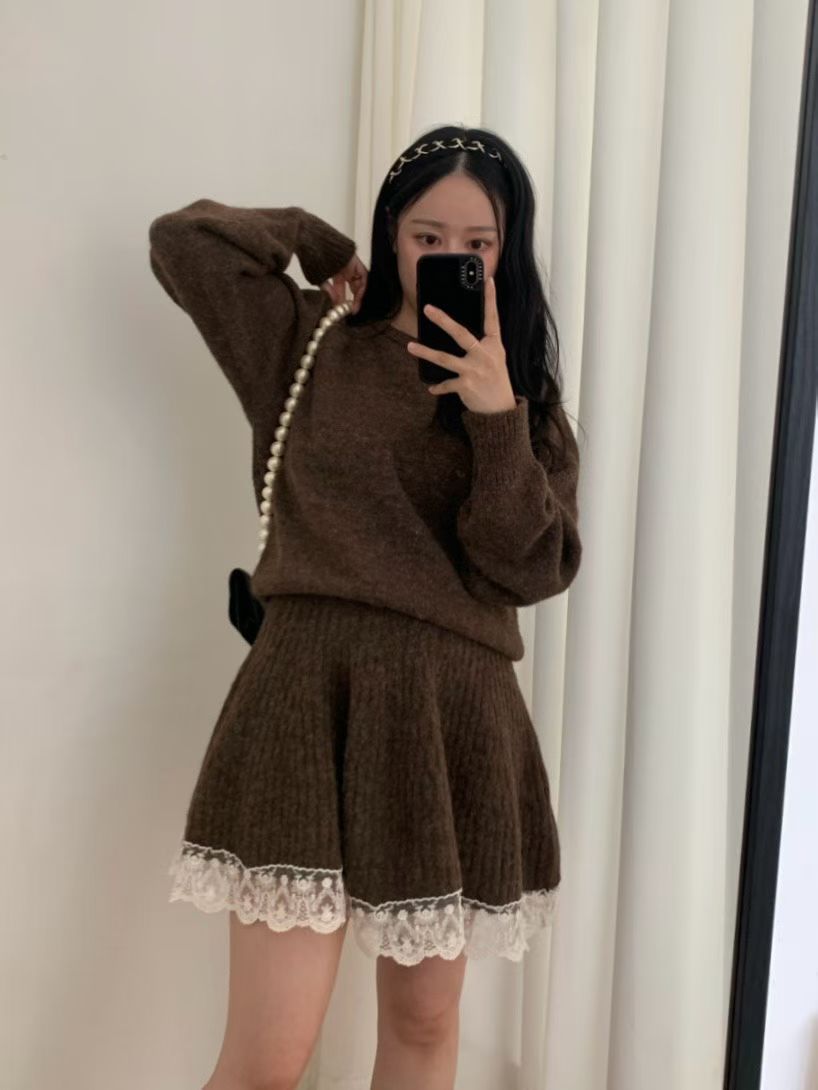 Ladies Lace Trim Knit Sweater & Skirt Set