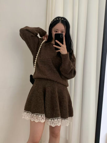 Ladies Lace Trim Knit Sweater & Skirt Set