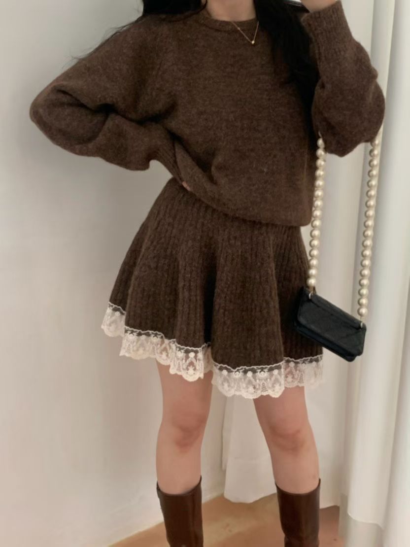 Ladies Lace Trim Knit Sweater & Skirt Set