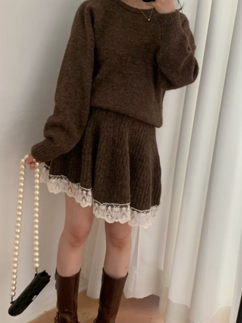 Ladies Lace Trim Knit Sweater & Skirt Set