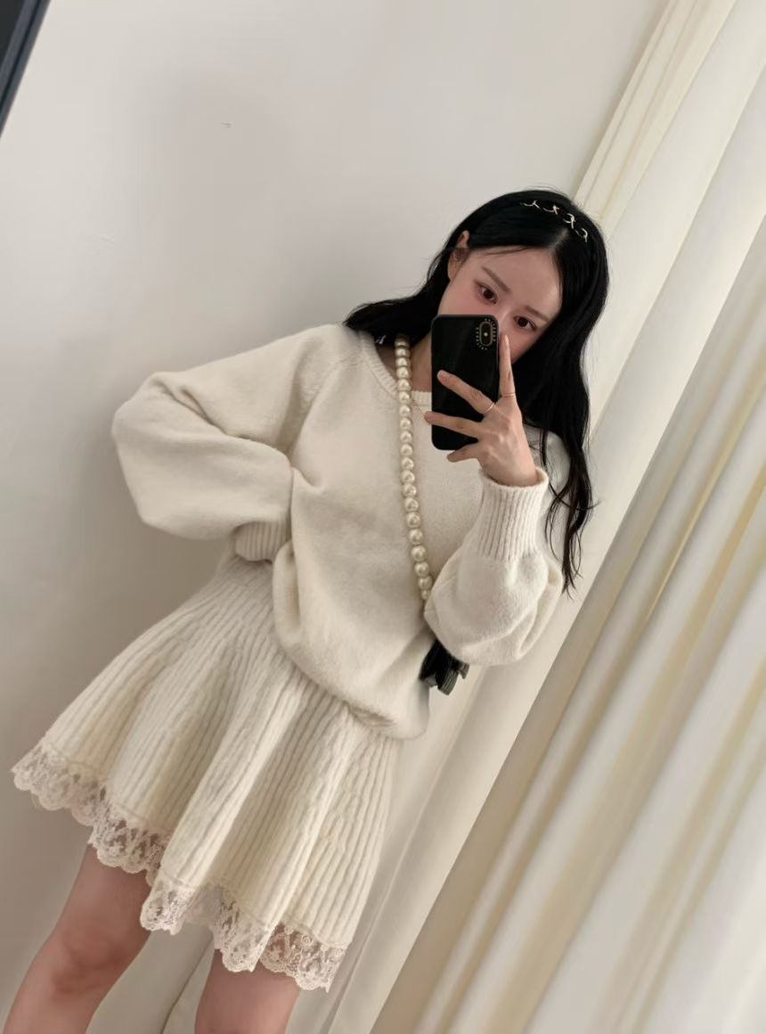 Ladies Lace Trim Knit Sweater & Skirt Set