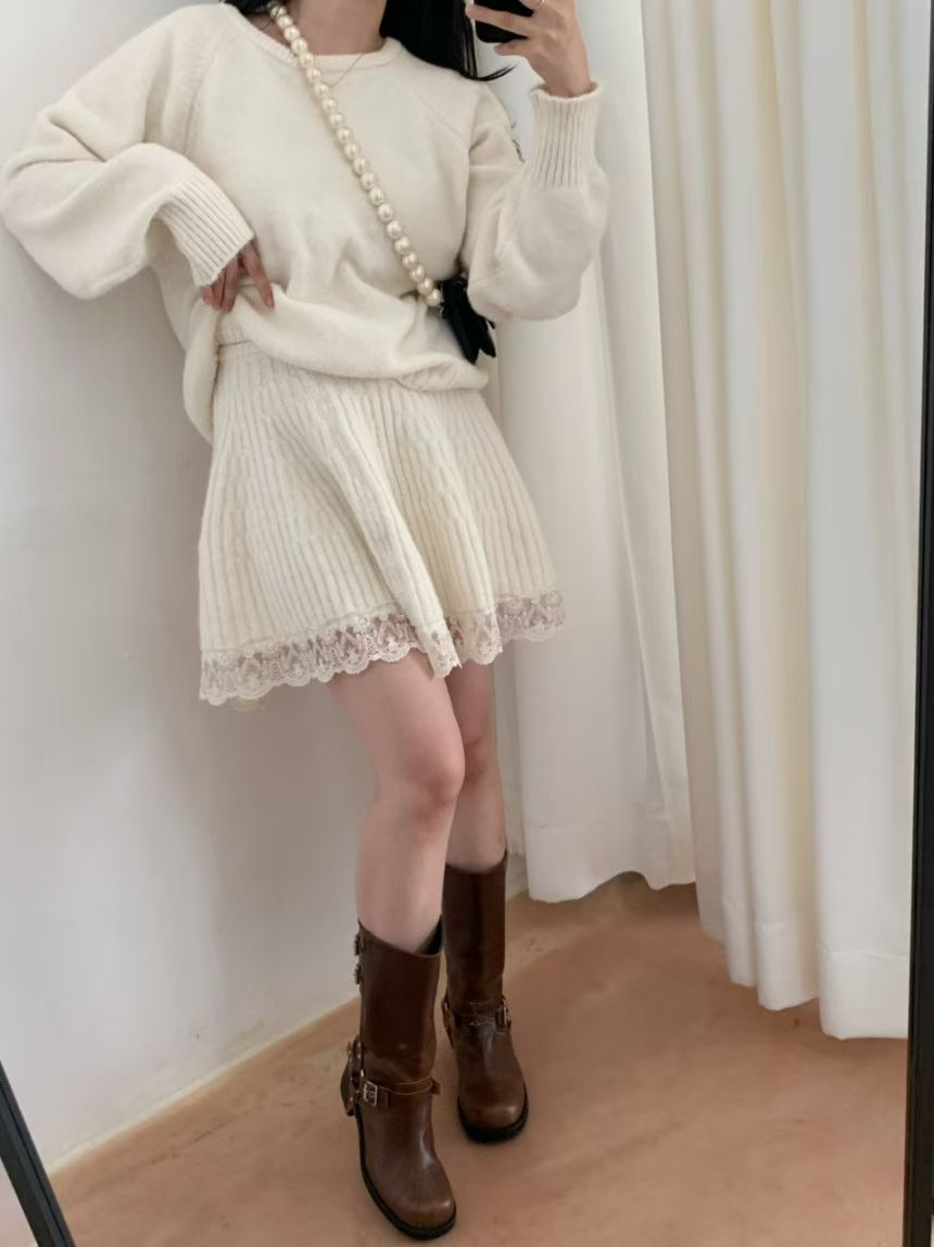 Ladies Lace Trim Knit Sweater & Skirt Set