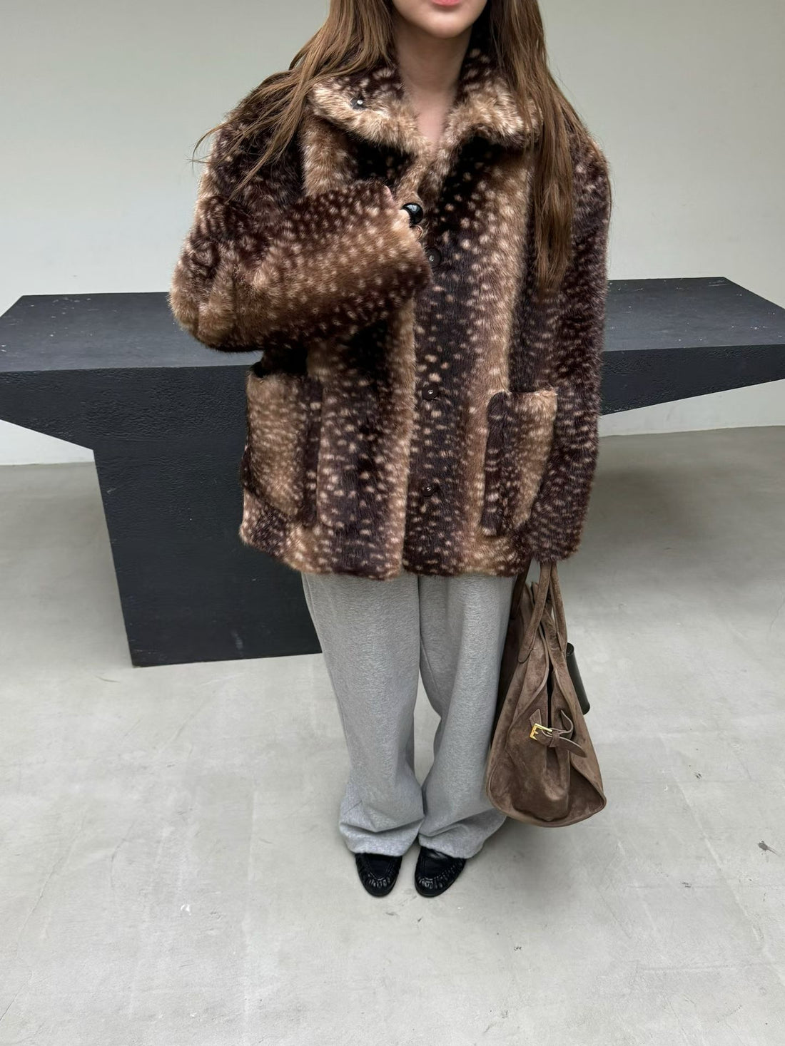 Ladies Spotted Faux Fur Collared Coat