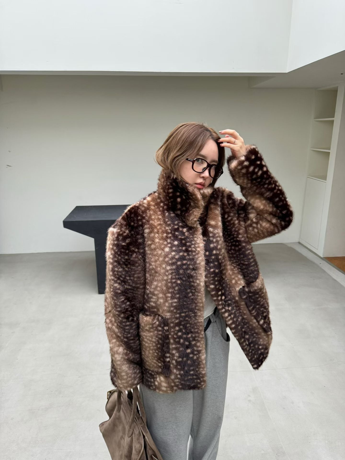 Ladies Spotted Faux Fur Collared Coat