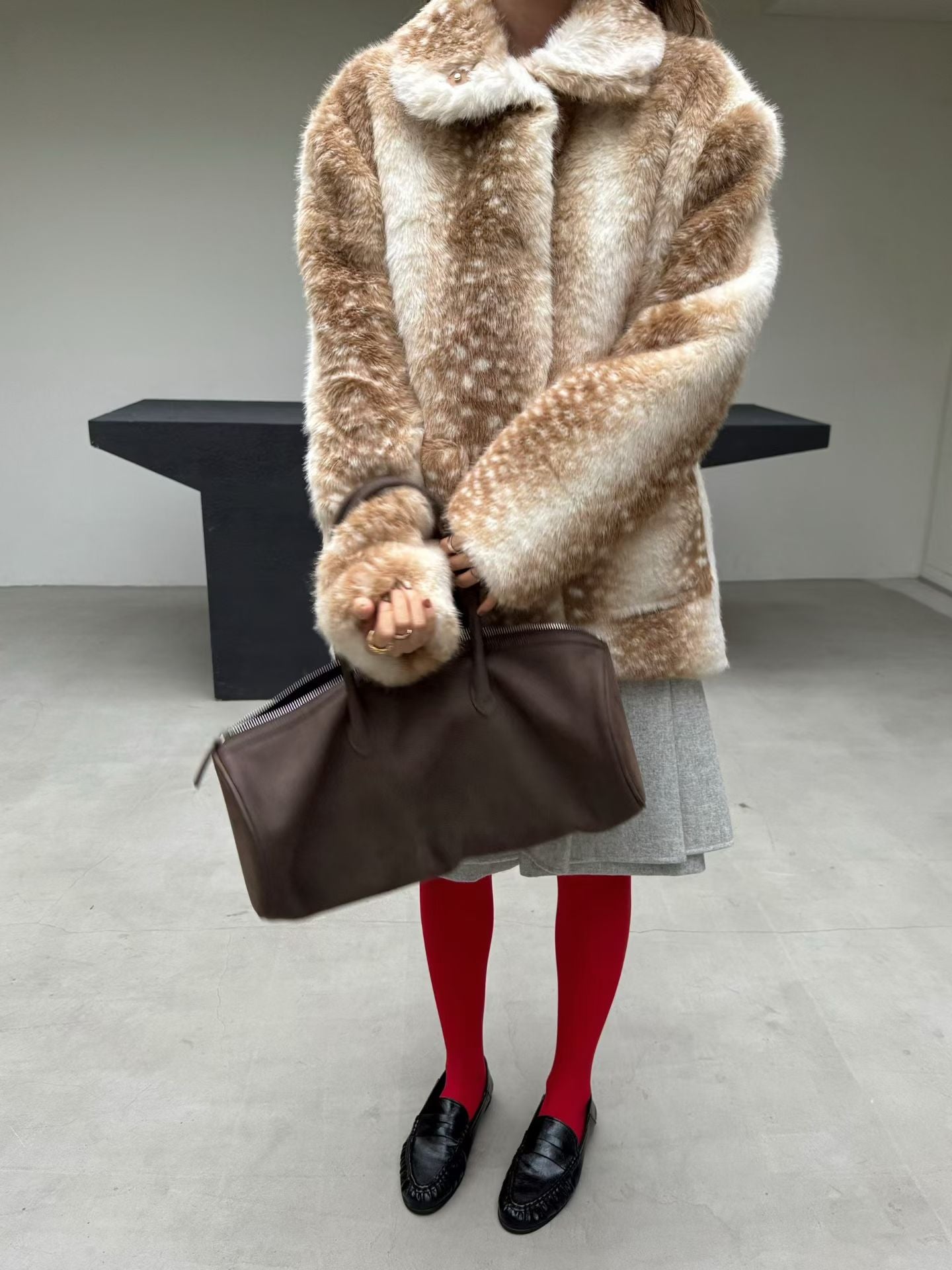 Ladies Spotted Faux Fur Collared Coat