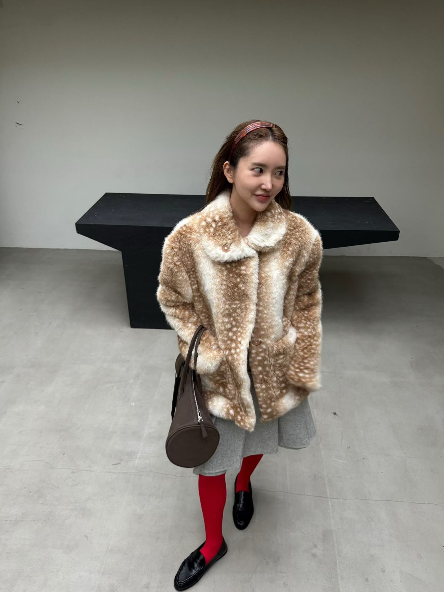 Ladies Spotted Faux Fur Collared Coat