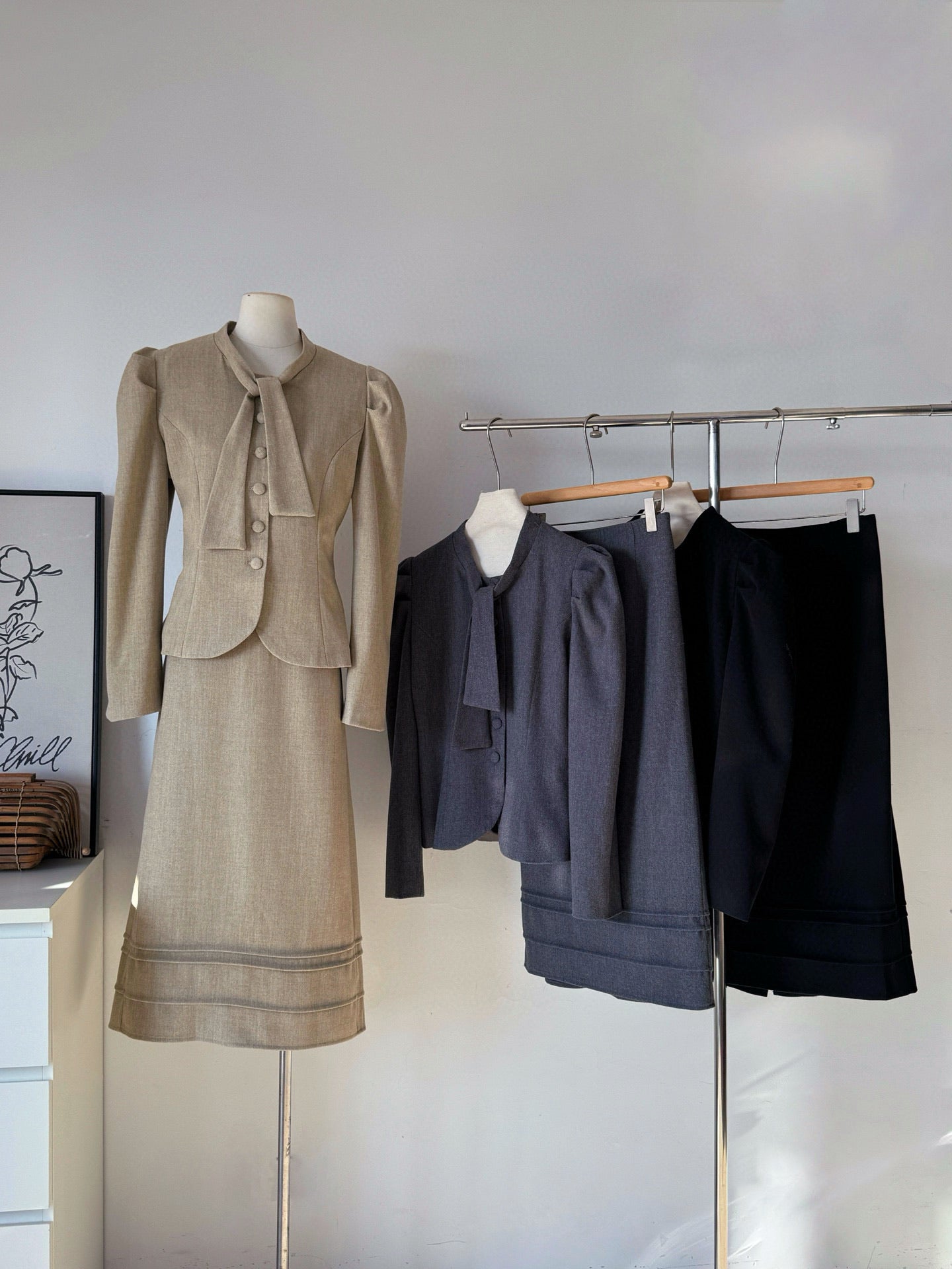 Ladies Vintage Puff Sleeve Peplum Jacket & Midi Skirt Set (Fixed Tie Collar)