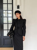 Ladies Vintage Puff Sleeve Peplum Jacket & Midi Skirt Set (Fixed Tie Collar)