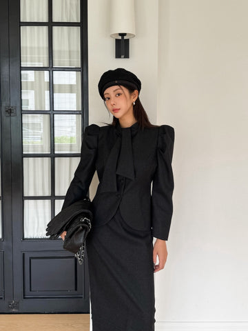 Ladies Vintage Puff Sleeve Peplum Jacket & Midi Skirt Set (Fixed Tie Collar)