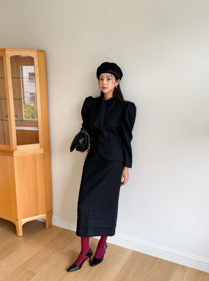 Ladies Vintage Puff Sleeve Peplum Jacket & Midi Skirt Set (Fixed Tie Collar)