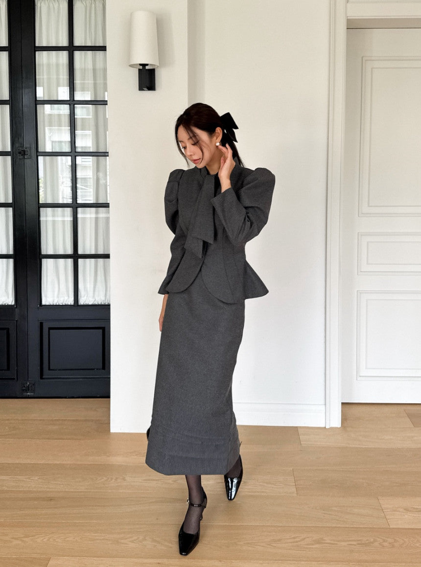 Ladies Vintage Puff Sleeve Peplum Jacket & Midi Skirt Set (Fixed Tie Collar)