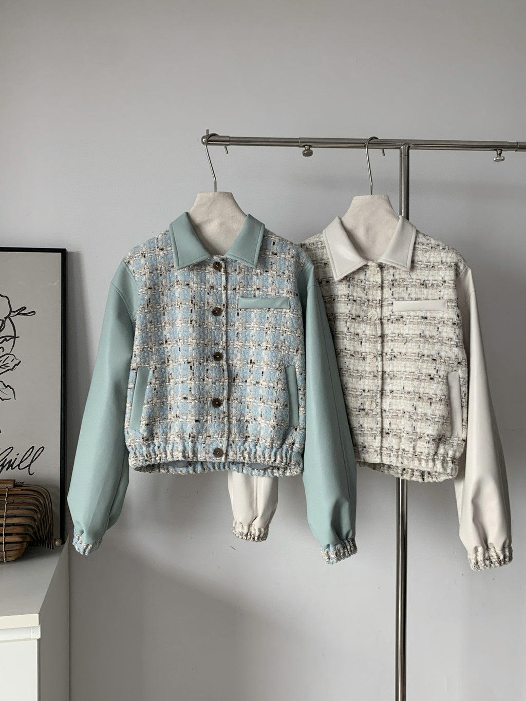 Ladies Tweed & Fabric Contrast Cropped Jacket