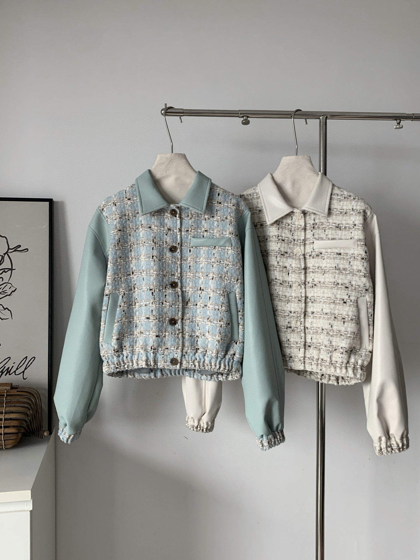 Ladies Tweed & Fabric Contrast Cropped Jacket