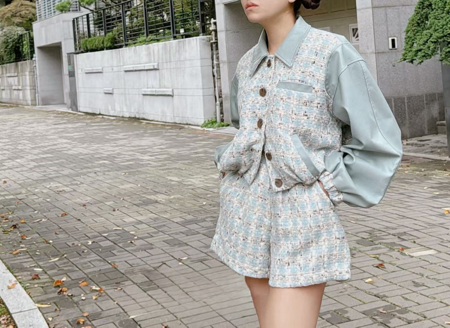 Ladies Tweed & Fabric Contrast Cropped Jacket