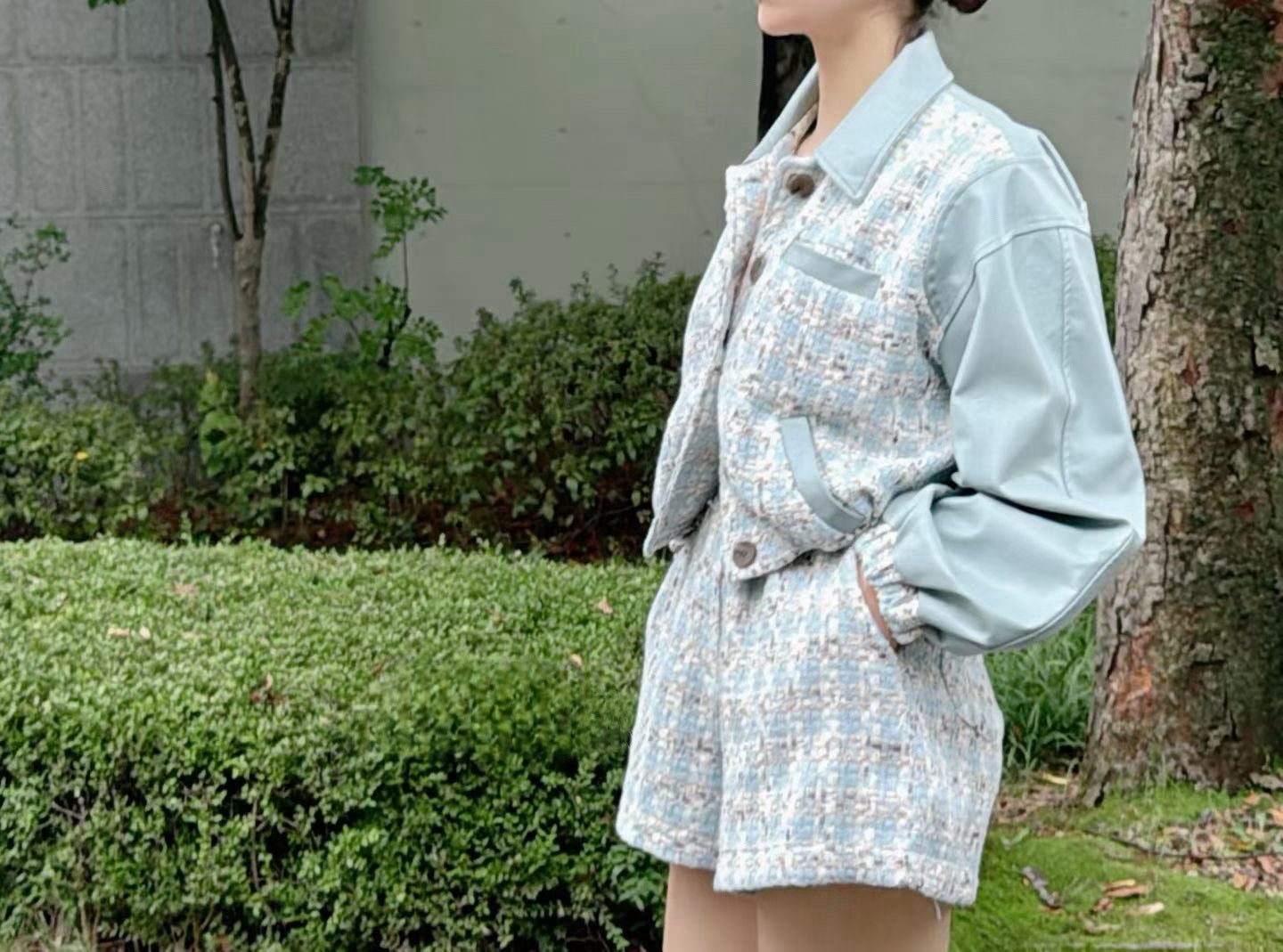 Ladies Tweed & Fabric Contrast Cropped Jacket