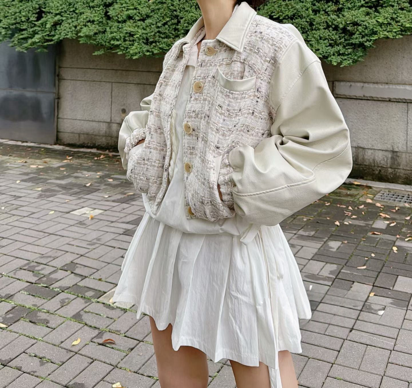 Ladies Tweed & Fabric Contrast Cropped Jacket