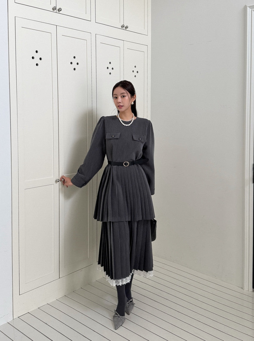 Ladies Double-Layer Pleated Midi Dress with Lace Hem