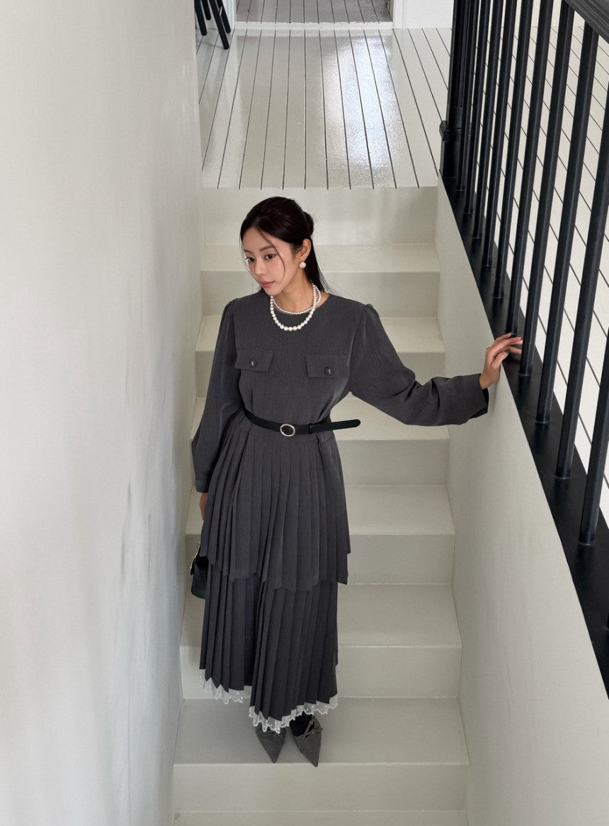 Ladies Double-Layer Pleated Midi Dress with Lace Hem