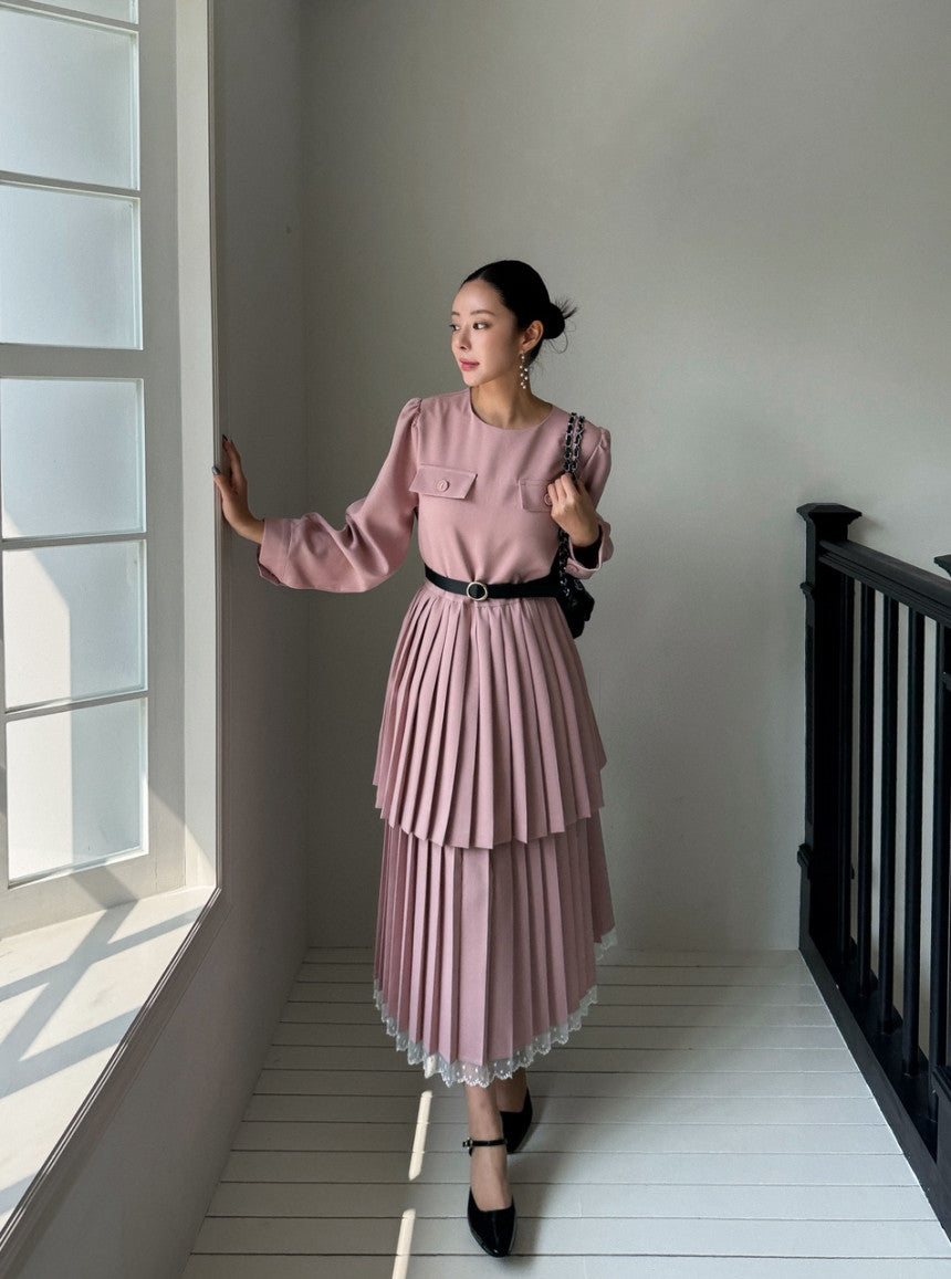 Ladies Double-Layer Pleated Midi Dress with Lace Hem