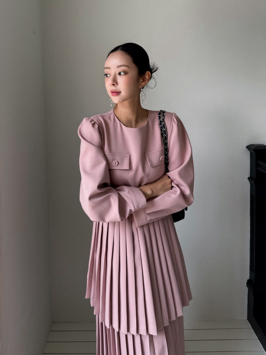 Ladies Double-Layer Pleated Midi Dress with Lace Hem