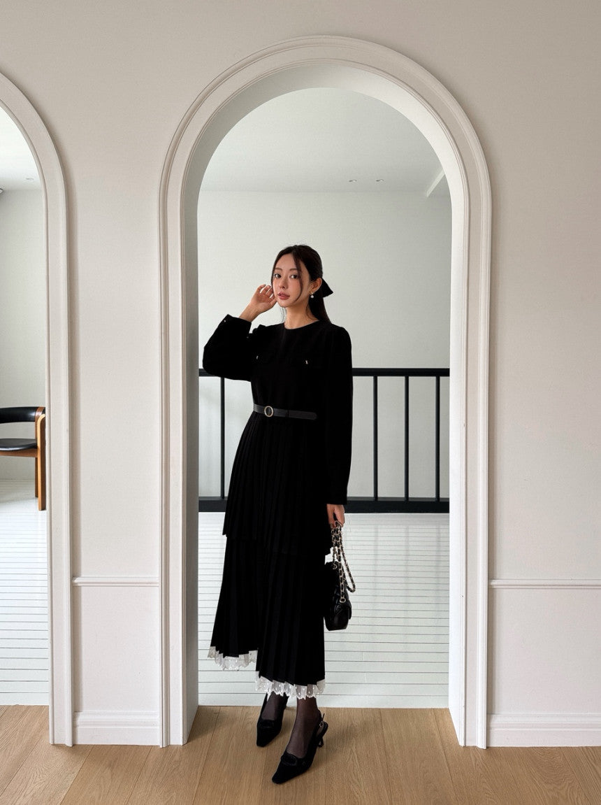 Ladies Double-Layer Pleated Midi Dress with Lace Hem