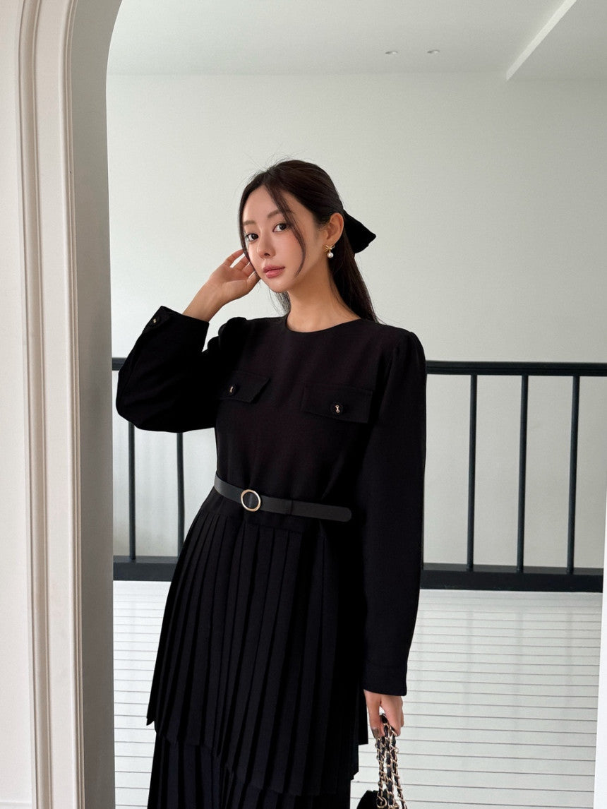 Ladies Double-Layer Pleated Midi Dress with Lace Hem