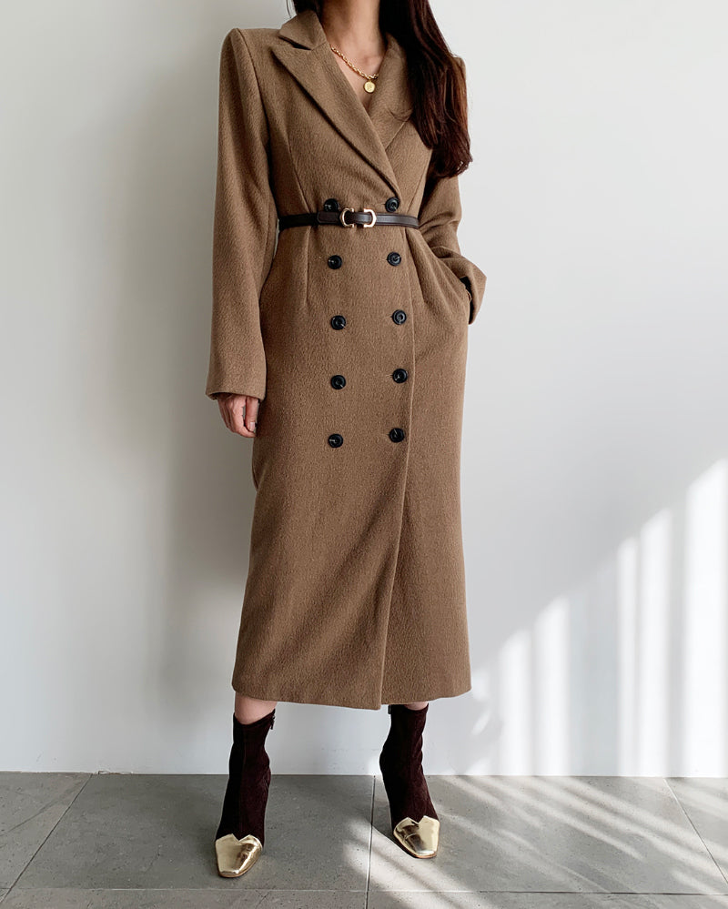 Ladies Double-Breasted Belted Long Wool Blend Coat