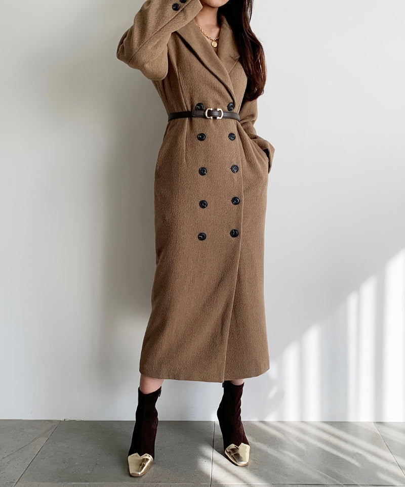 Ladies Double-Breasted Belted Long Wool Blend Coat