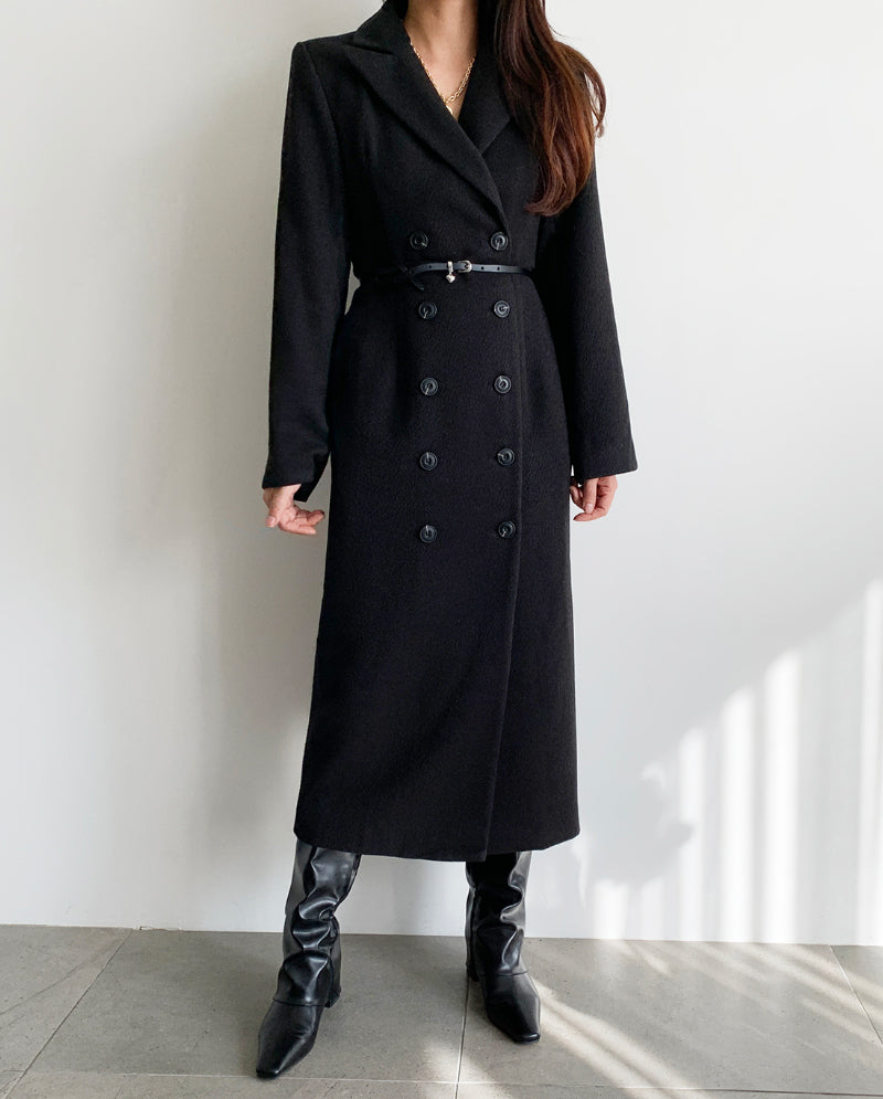 Ladies Double-Breasted Belted Long Wool Blend Coat