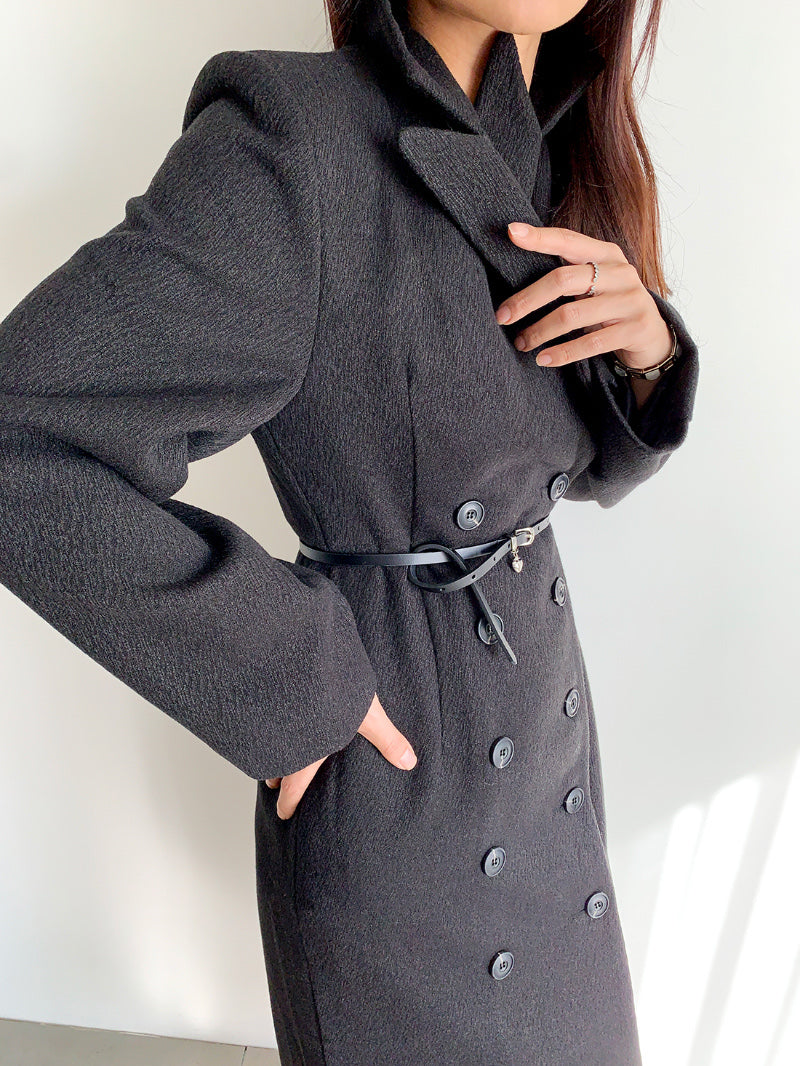 Ladies Double-Breasted Belted Long Wool Blend Coat