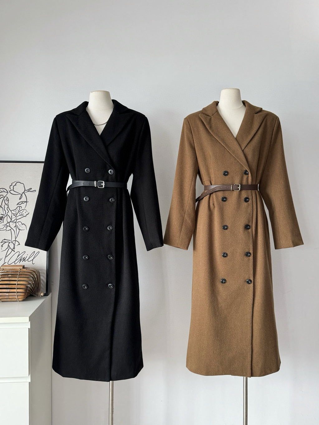 Ladies Double-Breasted Belted Long Wool Blend Coat
