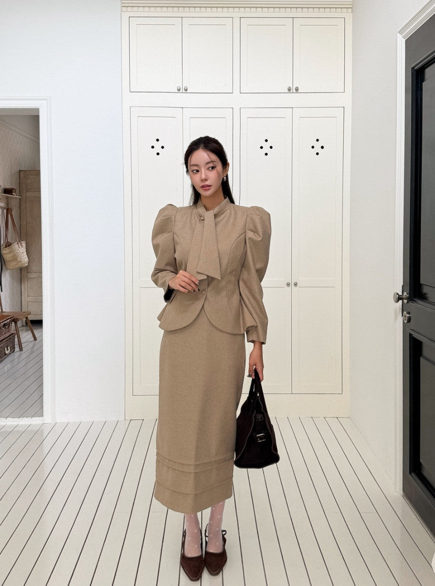 Ladies Vintage Puff Sleeve Peplum Jacket & Midi Skirt Set (Fixed Tie Collar)