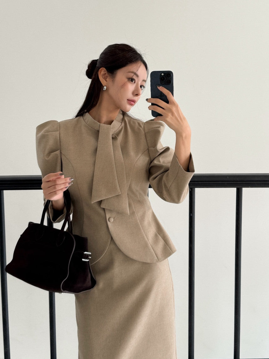 Ladies Vintage Puff Sleeve Peplum Jacket & Midi Skirt Set (Fixed Tie Collar)