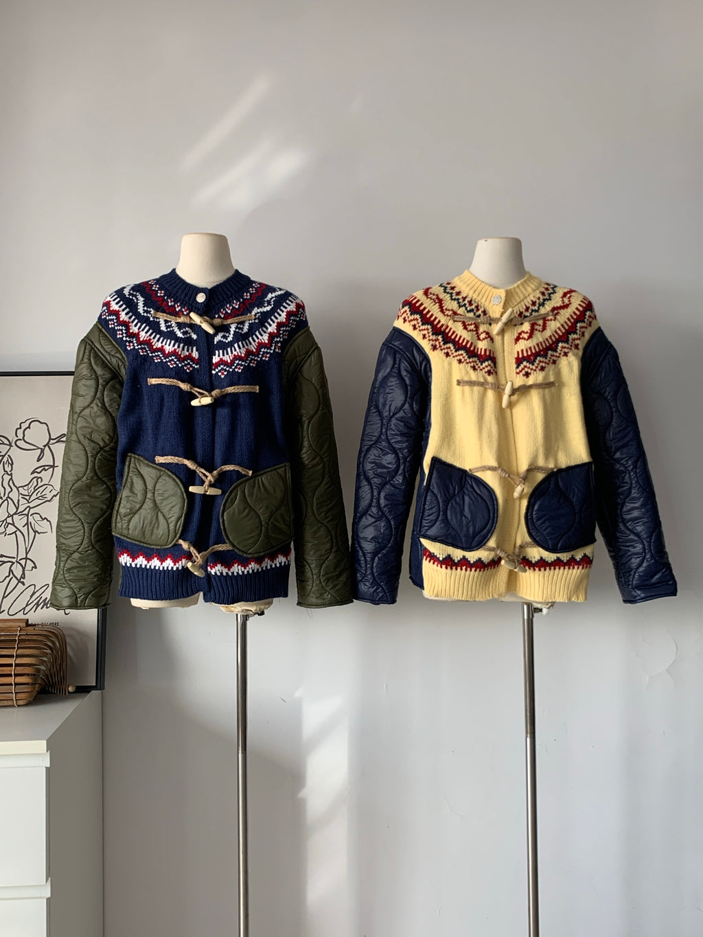 Ladies Fair Isle Knit & Quilted Fabric Toggle Cardigan