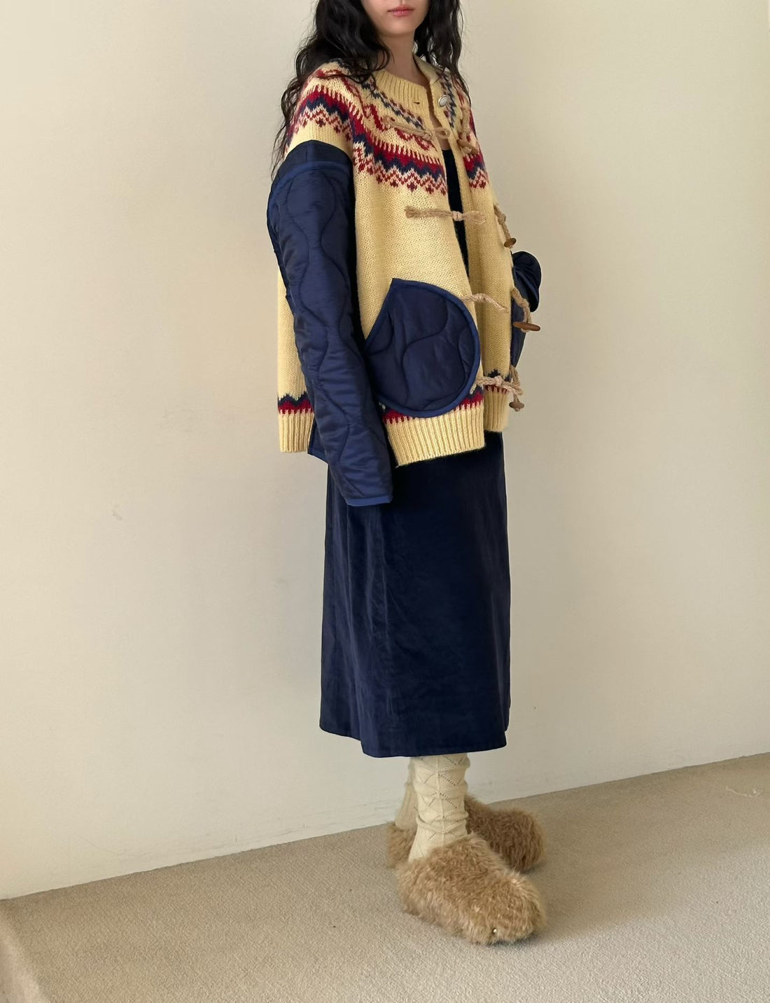 Ladies Fair Isle Knit & Quilted Fabric Toggle Cardigan